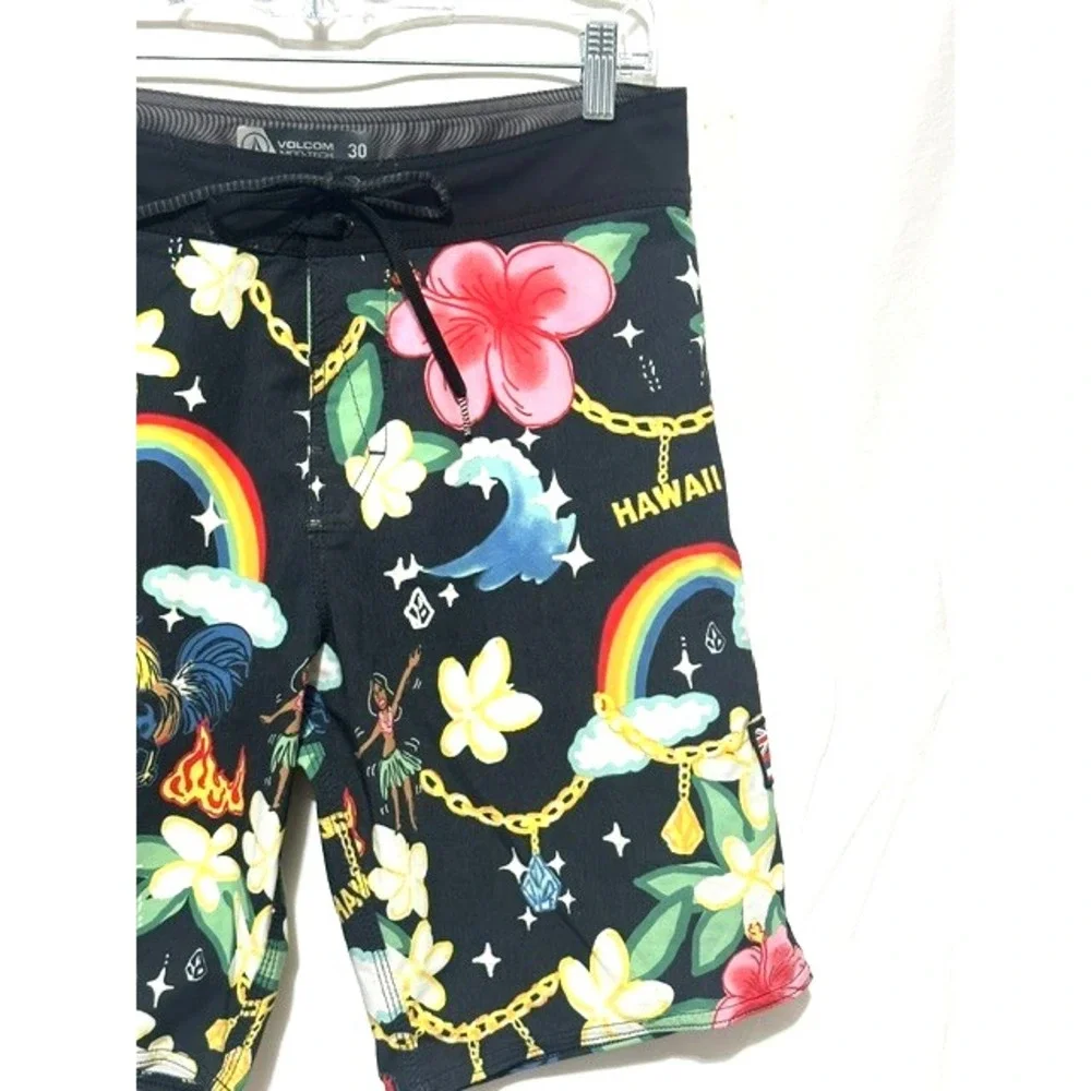 Volcom Men's Size 30 Black Multicolor Hawaiian Print Mod Tech Board Shorts
